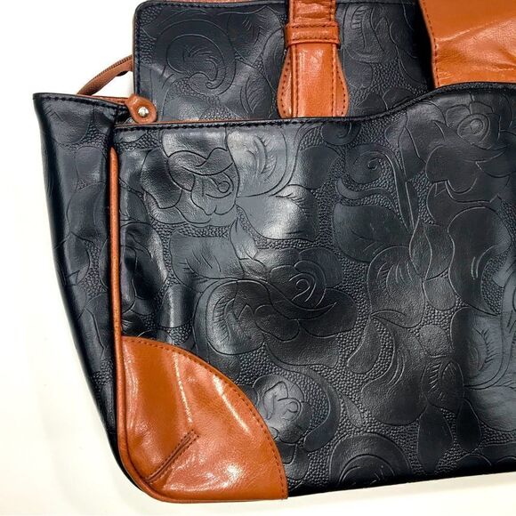 Gigi Hill LA Black Brown Tooled Vegan Leather Extra Large Travel Duffel Tote - Picture 8 of 16